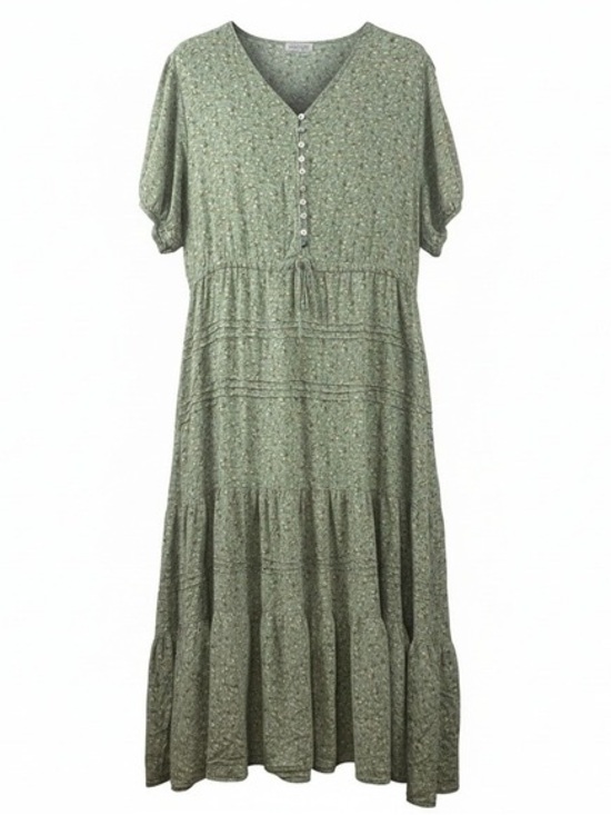 Sweet Salt Dresses & Skirts - Green Floral V-Neck Tiered Midi Dress with Drawstring Waist